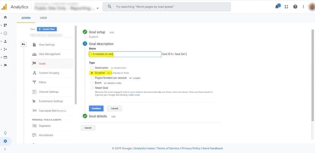 Google Analytics Duration Goals